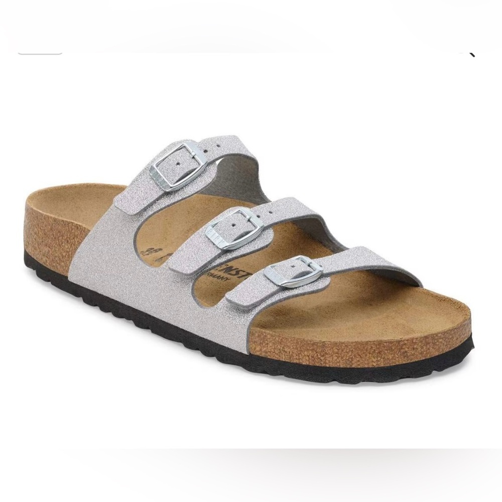 LIKE NEW Birkenstock Florida Birko-Flor Shiny Glitter Silver
